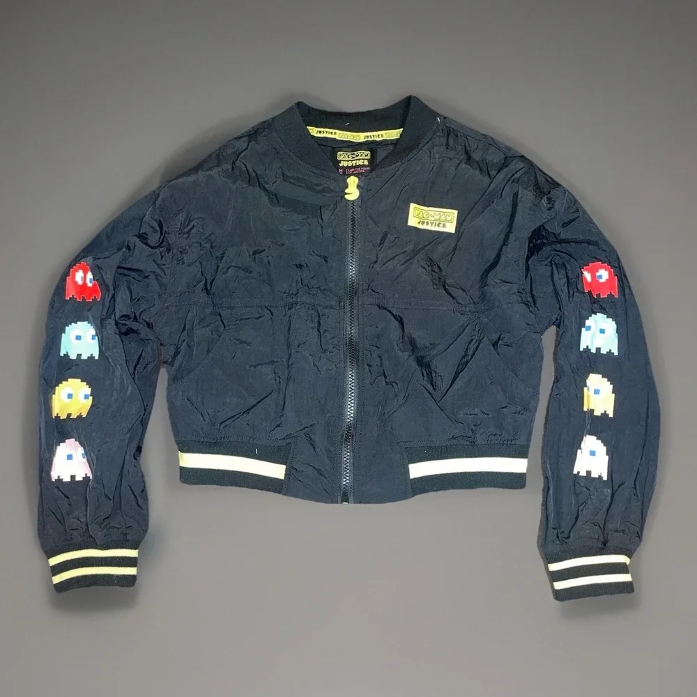 Justice Pac-Man Girls Bomber Jacket Black Medium (10) Retro Gaming Windbreaker
